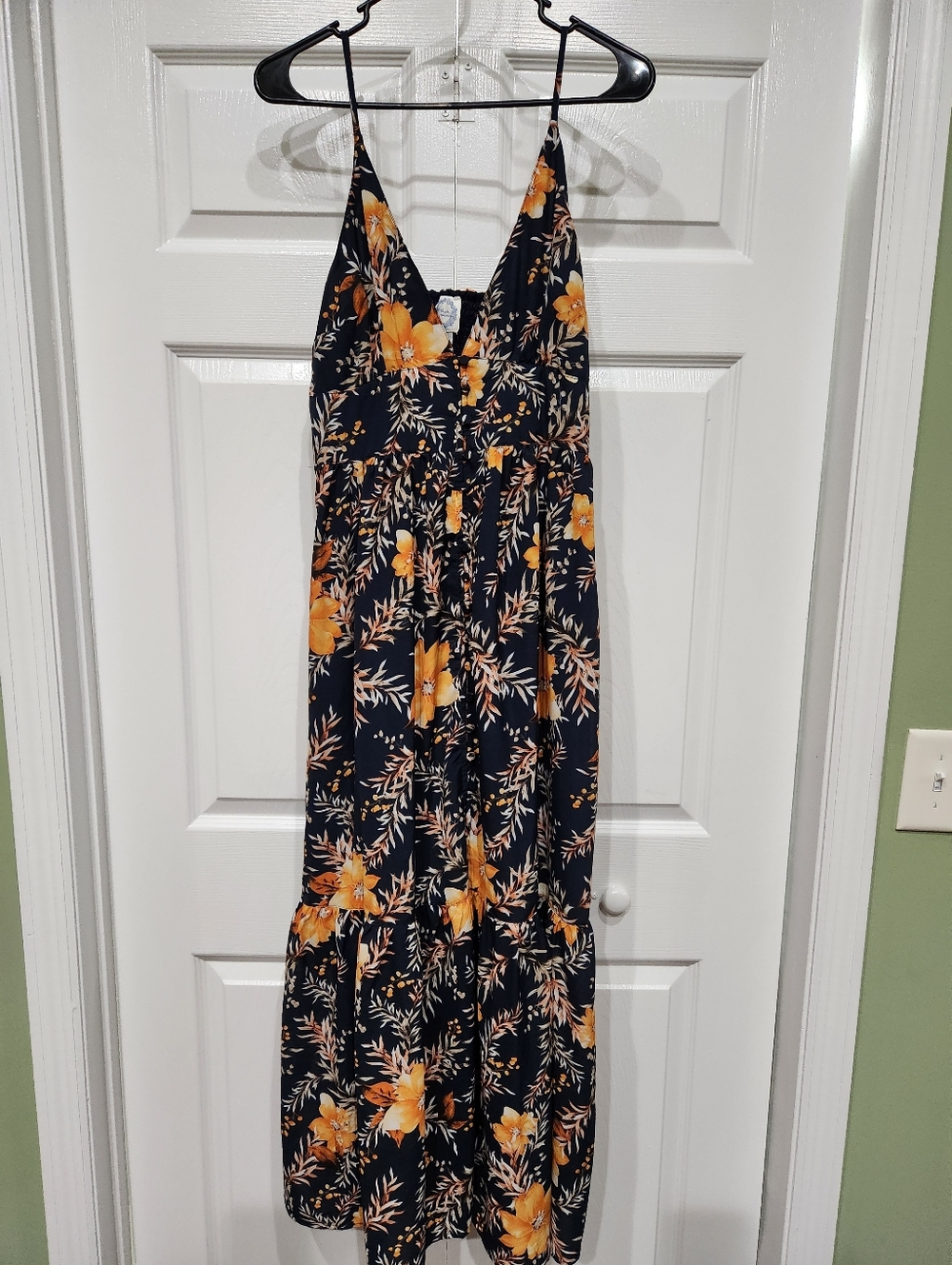 Navy Floral Maxi Dress with Yellow-Orange Blooms